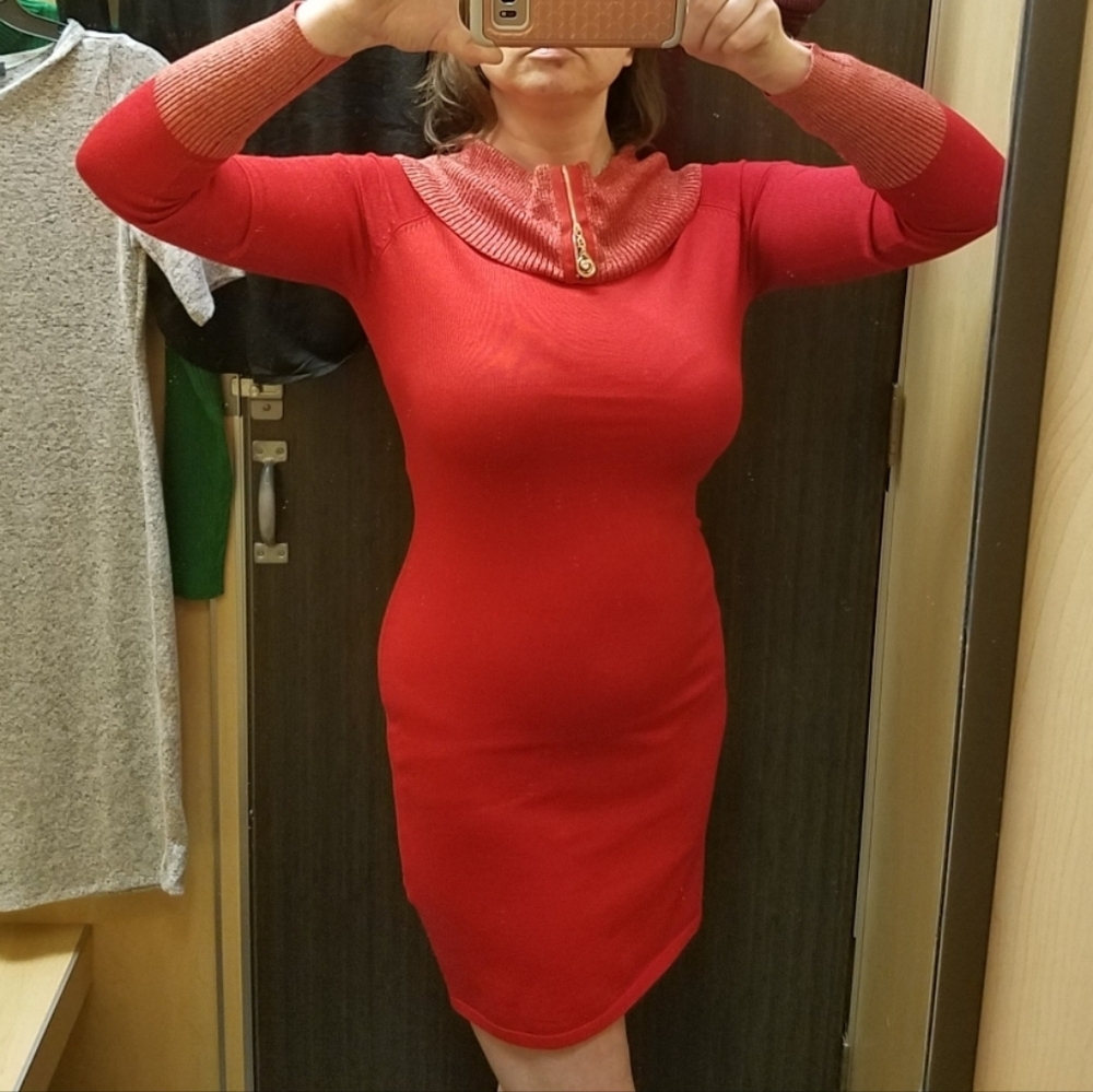 EUC Say What? Bright Red Knit Bodycon Dress Metallic Trim Faux Zipper Cowl Neck